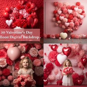 May include: A digital backdrop featuring a pink and red heart-shaped balloon arrangement with a pink background. The backdrop is decorated with red and pink paper pom-poms and a bouquet of red roses. The text "50 Valentine's Day Balloon Digital Backdrop" is displayed at the top of the image.