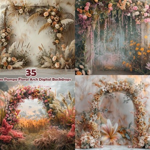 Puede incluir: Un conjunto de 35 fondos digitales con diseños boho de hierba de la pampa y arco floral. Los fondos son perfectos para fotógrafos y artesanos que quieren crear fotos hermosas y únicas.