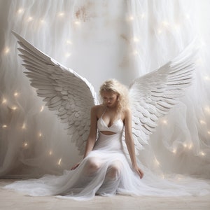 Puede incluir: Una mujer con un vestido blanco y grandes alas de &aacute;ngel blancas se sienta frente a una cortina blanca transparente con luces blancas.