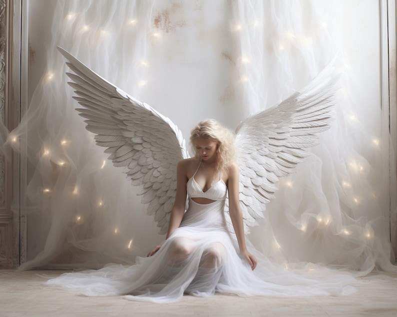 Puede incluir: Una mujer con un vestido blanco y grandes alas de &aacute;ngel blancas se sienta frente a una cortina blanca transparente con luces blancas.