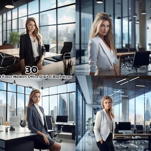 Könnte beinhalten: Drei Frauen in Businesskleidung stehen in modernen Büros mit großen Fenstern. Die Frauen tragen Blazer und Hosen. Die Büros sind mit modernen Möbeln ausgestattet und bieten einen Blick auf die Stadt.