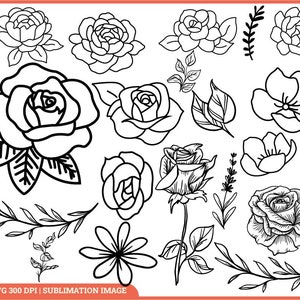 Floral Line Art Svg, Botanical Line Art Svg, Flower Svg, Rose Svg, Wildflower Svg,Flowers and Leaves Svg,Hand Drawn Vector Flowers,Cut Files