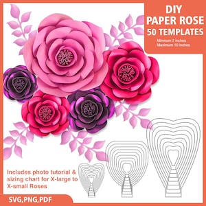 Modello fiore di carta, SVG e PDF stampabile, modello rosa di carta fai da te, fiori di carta giganti, petalo di fiore Svg, file tagliati a mano e a macchina