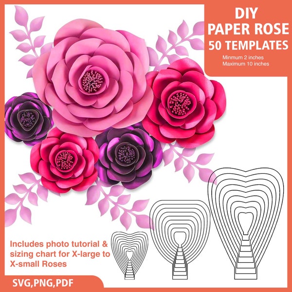 Paper Flower Template, SVG and Printable PDF, DIY Paper Rose Template, Giant Paper Flowers, Flower Petal Svg, Hand cut and machine cut files
