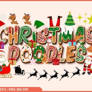 Letras de garabatos de Navidad, fuente de sublimación de Santa, paquete alfa de garabatos de Navidad, conjunto de garabatos de alfabeto de Papá Noel de elfo de reno, sublimación png