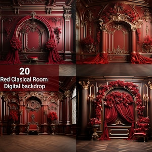 May include: A red and gold classical room with ornate details and red velvet curtains. The room is decorated with red flowers and gold accents. The room is perfect for a backdrop for photography or video.