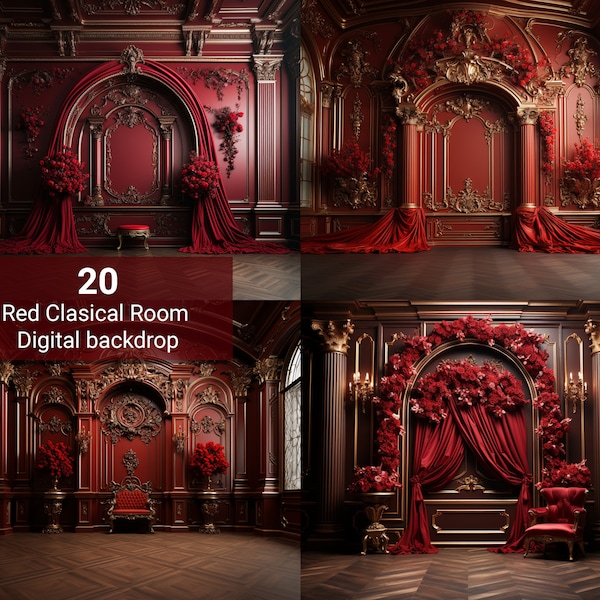 Red Classical Room Digital Backdrop, Maternity Backdrop Overlays Studio Backdrop,Valentines Digital Backdrop Photography Composite Overlays