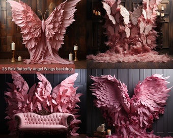 Pink Butterfly Angel Wings Studio Backdrops, Pink Studio Background, Angel Wings backgrounds, Wedding Maternity backdrop,pink photo backdrop