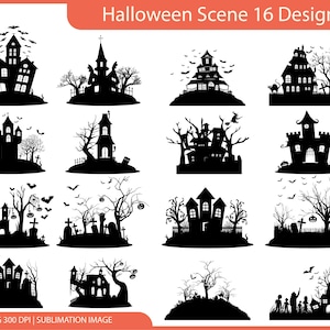 Halloween Scene SVG Bundle, Haunted House Svg, Family Witchery Halloween Scene Svg, Halloween wall art Svg, Halloween silhouette scenes,Png