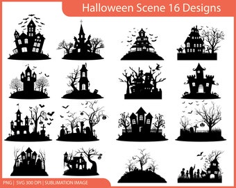 Halloween Scene SVG Bundle, Haunted House Svg, Family Witchery Halloween Scene Svg, Halloween wall art Svg, Halloween silhouette scenes,Png