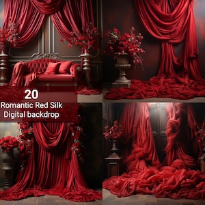 May include: 20 Romantic Red Silk Digital Backdrop. Four images of a red silk backdrop in different arrangements. The backdrop is draped over a wooden door frame and features a red velvet sofa in one image.