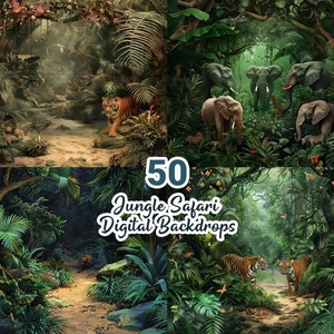 May include: A set of 50 digital backdrops featuring jungle and safari scenes. The backdrops include lush green foliage, exotic animals, and a variety of natural elements. The backdrops are perfect for creating realistic and immersive jungle and safari themed photos.