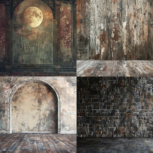 May include: A collage of four different textured backgrounds. The top left image shows a vintage, ornate archway with a full moon in the sky. The top right image shows a weathered wooden wall with a wood floor. The bottom left image shows a distressed, whitewashed wall with an arched doorway. The bottom right image shows a dark, rough stone wall with a dark floor.