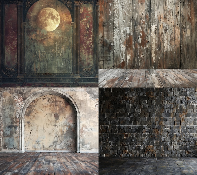 May include: A collage of four different textured backgrounds. The top left image shows a vintage, ornate archway with a full moon in the sky. The top right image shows a weathered wooden wall with a wood floor. The bottom left image shows a distressed, whitewashed wall with an arched doorway. The bottom right image shows a dark, rough stone wall with a dark floor.