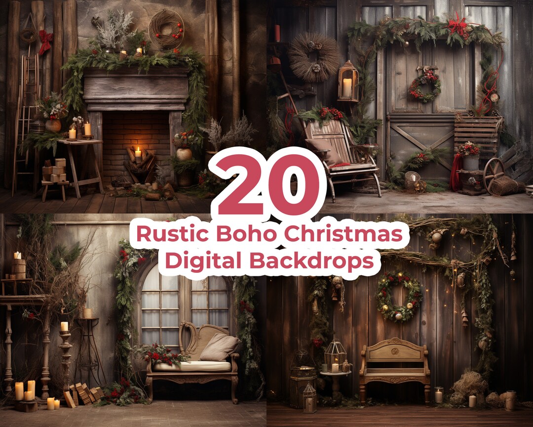 20 X Rustic Boho Christmas Digital Backdrops, Digital Backdrop for ...
