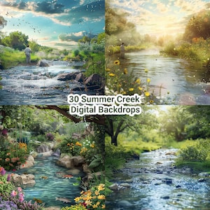 May include: Four digital backdrops featuring a lush green forest with a flowing creek. The backdrops are perfect for adding a touch of nature to your photos.