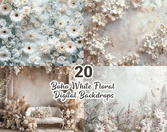 Boho White Floral Digital Backdrops, Floral Maternity Backdrops for Photography, Studio Photography Digital Backgrounds, Photoshop Overlays