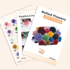 May include: A DIY guide for making rolled paper flowers. The guide includes instructions and a color chart with 37 different flower designs. The guide is titled "Rolled Flowers DIY Guide" and features a close-up of a variety of colorful rolled paper flowers.
