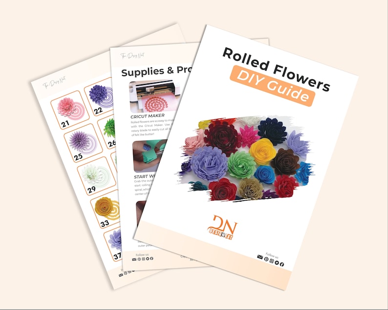 May include: A DIY guide for making rolled paper flowers. The guide includes instructions and a color chart with 37 different flower designs. The guide is titled "Rolled Flowers DIY Guide" and features a close-up of a variety of colorful rolled paper flowers.