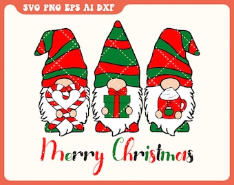 May include: A festive Christmas design featuring three gnomes with red and green hats. One gnome holds a candy cane heart, another a gift, and the third a mug of hot cocoa. The words "Merry Christmas" are written below.