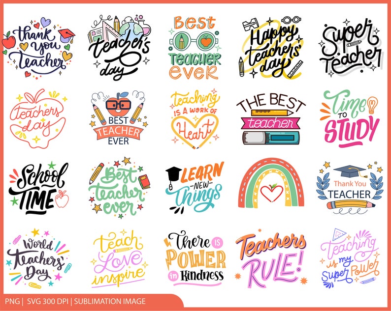 Op de afbeelding: Een set van 20 kleurrijke digitale ontwerpen met tekst en illustraties met betrekking tot leraren en onderwijs. De ontwerpen bevatten zinnen als "Beste leraar ooit", "Schooltijd", "Wereldleraren dag" en "Leraren regeren!" samen met illustraties van appels, potloden, boeken en harten.