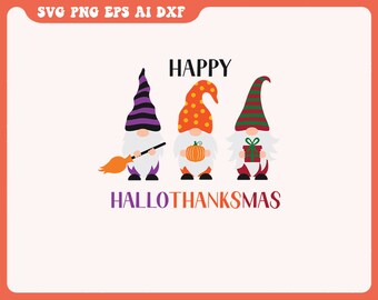 May include: Three gnomes with different colored hats and outfits. The gnome on the left is holding a broom, the middle gnome is holding a pumpkin, and the gnome on the right is holding a gift. The text "HAPPY HALLOTHANKSMAS" is below the gnomes.