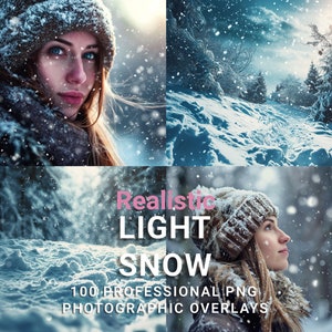 May include: A set of 100 realistic light snow PNG overlays for use in photo editing. The overlays feature a variety of snow effects, including falling snow, snowdrifts, and snow-covered trees. The overlays are perfect for adding a wintery touch to your photos.
