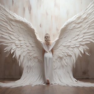 Puede incluir: Una mujer con un vestido blanco se para frente a una pared con grandes alas de &aacute;ngel de papel blanco detr&aacute;s de ella.