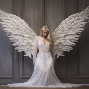 Puede incluir: Una mujer con un vestido blanco y grandes alas blancas de plumas detr&aacute;s de ella. Las alas est&aacute;n extendidas y la mujer mira hacia abajo.