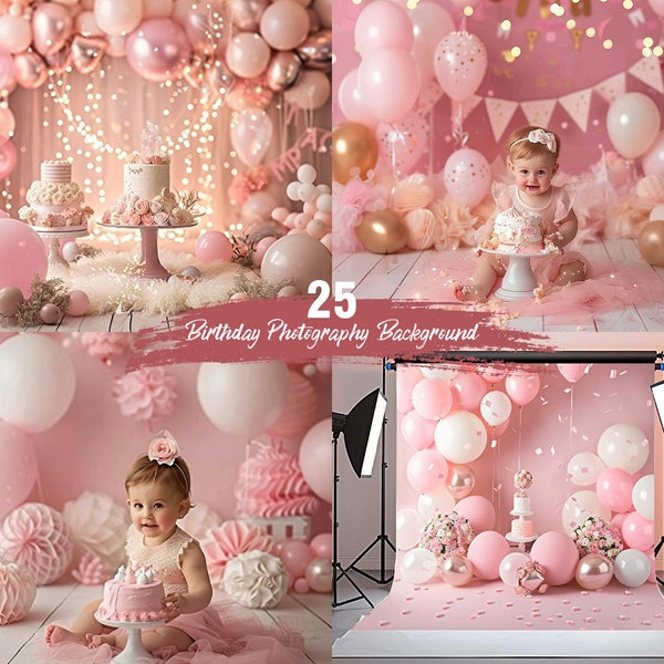 Fondo digital de cumpleaños rosa, mariposas de arco de globo, fondo de fotografía de niña pequeña de cumpleaños, fondo compuesto de Photoshop