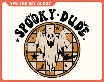 May include: A digital graphic design featuring the text SPOOKY DUDE in a bold black font. A central circular emblem contains a white ghost, black bats, and black stars set against a checkered background of orange and cream squares.
