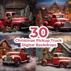 Weihnachten Roter LKW digitaler Hintergrund für zusammengesetzte Fotografie, Winter-Porträt-Hintergrund mit Weihnachtsbaum, Weihnachtsdorf Png