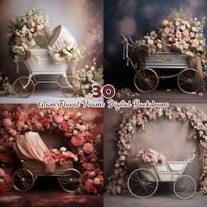 30 x Glam Floral Prams Digital Backdrops for maternity Photography, Studio Backdrops Composite, Maternity Backdrops,Floral Prams backgrounds