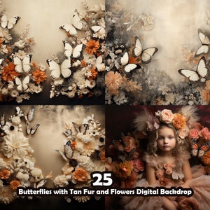 Butterflies with Tan Fur and Flowers Digital Backdrops, Kids Portrait Photography Overlays, Studio Digital Background, Photoshop Overlays