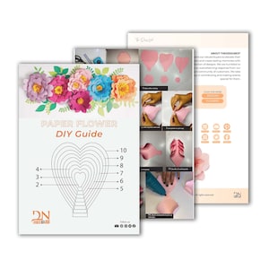 May include: A DIY guide for making paper flowers. The guide includes a diagram showing how to cut out the petals and assemble the flower. The guide also includes a photo of a finished paper flower.