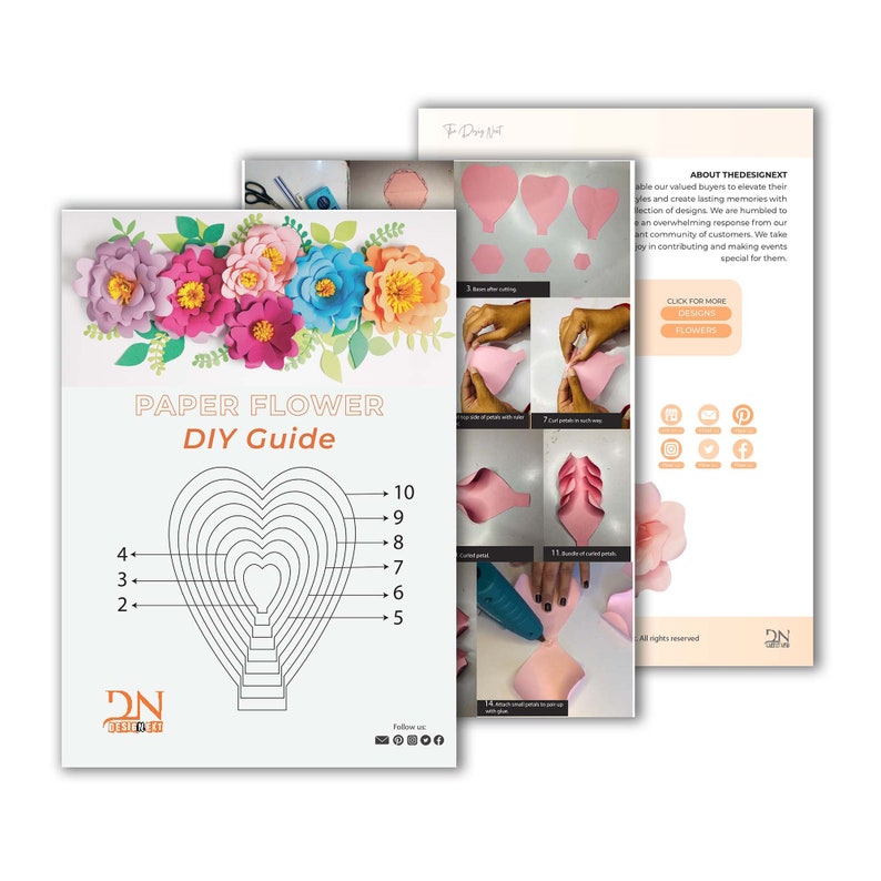 May include: A DIY guide for making paper flowers. The guide includes a diagram showing how to cut out the petals and assemble the flower. The guide also includes a photo of a finished paper flower.