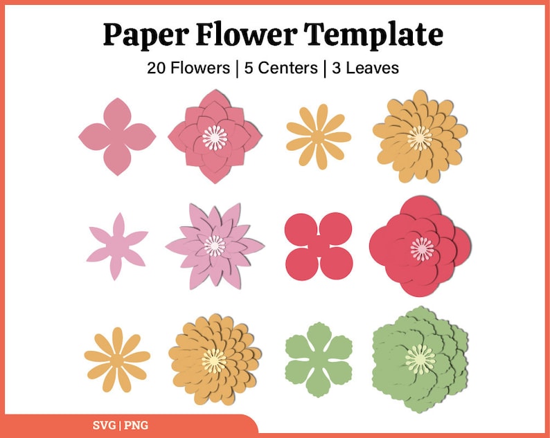 Pu&ograve; includere: Un modello di fiori di carta con vari disegni floreali in rosa, giallo e verde. Il testo in alto recita "Paper Flower Template" ed elenca "20 Flowers | 5 Centers | 3 Leaves". In basso a sinistra c'&egrave; "SVG | PNG".