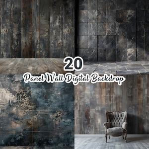 Könnte beinhalten: 20 Panel Wall Digital Backdrop mit vier verschiedenen strukturierten Wandhintergründen. Die Hintergründe umfassen eine dunkle Holzplatte, eine helle Holzplatte, eine dunkle Schieferplattenplatte und eine abgenutzte Betonplatte. Ein Stuhl ist vor dem Hintergrund der hellen Holzplatte platziert.