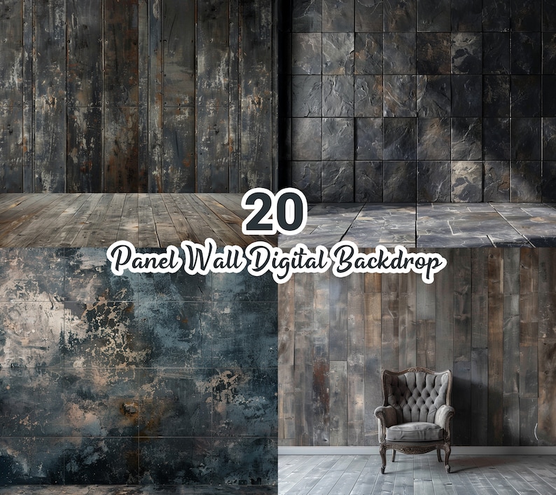 May include: 20 Panel Wall Digital Backdrop featuring four different textured wall backgrounds. The backgrounds include a dark wood panel, a light wood panel, a dark slate tile panel, and a distressed concrete panel. A chair is placed in front of the light wood panel background.