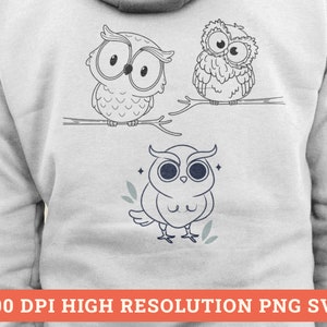 May include: Three black and white line drawings of owls on a white background. The owls are perched on branches with leaves.