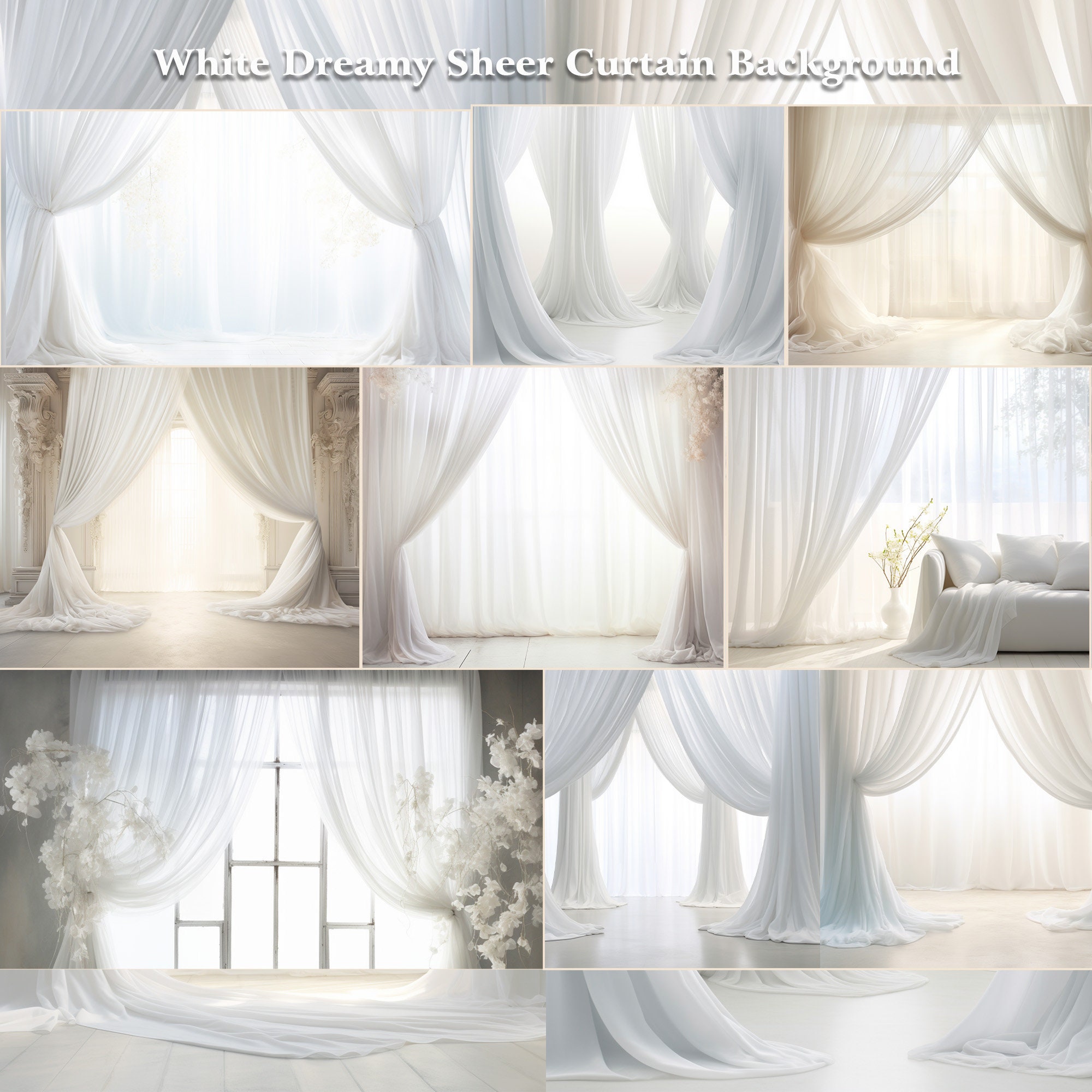 40 White Dreamy Curtain Digital Backdrops, Breathtaking White Dreamy Sheer Curtain Backgrounds, Maternity Studio Backdrops,Photoshop Effects