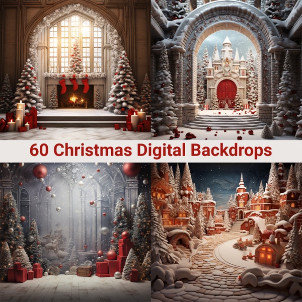 Kerst digitale achtergronden, feestelijke vakantieachtergrond voor Photoshop, winterscène-overlay, perfect voor portretten en kerstkaarten, PNG-bestanden