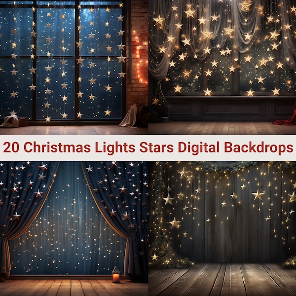 Christmas Lights Stars Digital Backdrops,  Twinkling Stars Studio Backdrops, Photoshop overlays, Family Kids Photography Digital Background