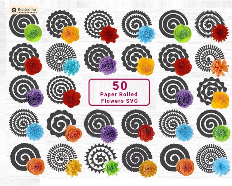 May include: A set of 50 paper rolled flower SVG cut files. The image shows a variety of different flower designs in various colours, including red, yellow, blue, green, purple, and orange.