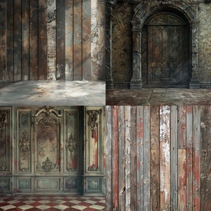 May include: A collage of four different textured backgrounds. The top left image shows a weathered wood wall with a worn, distressed look. The top right image shows a stone archway with a wooden door. The bottom left image shows a decorative wall panel with ornate carvings and a faded paint finish. The bottom right image shows a weathered wood wall with a rustic, distressed look.