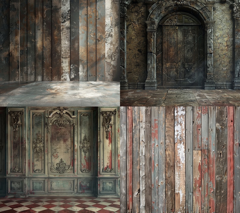May include: A collage of four different textured backgrounds. The top left image shows a weathered wood wall with a worn, distressed look. The top right image shows a stone archway with a wooden door. The bottom left image shows a decorative wall panel with ornate carvings and a faded paint finish. The bottom right image shows a weathered wood wall with a rustic, distressed look.