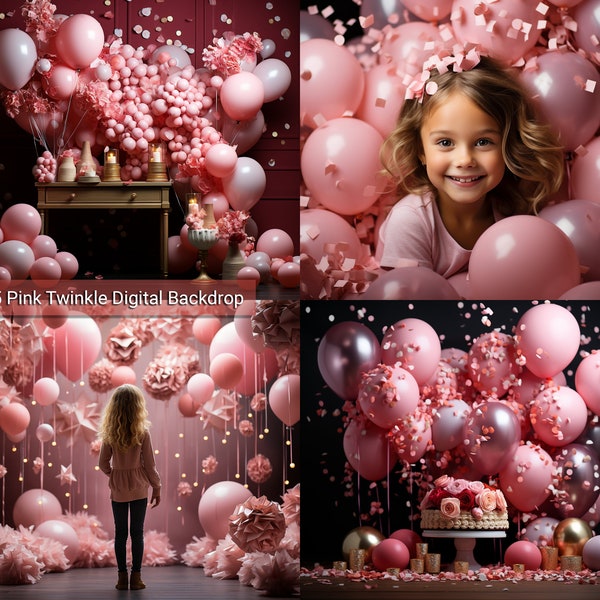 Pink Twinkle Digital Backdrop, Balloon Arch Digital Background, Toddler Birthday Newborn Maternity Overlay Backdrops, Photoshop Composite