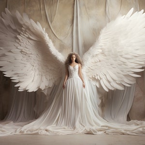 Puede incluir: Una mujer con un vestido blanco y grandes alas blancas de plumas detr&aacute;s de ella. Las alas est&aacute;n extendidas y la mujer est&aacute; de pie frente a un fondo texturizado.