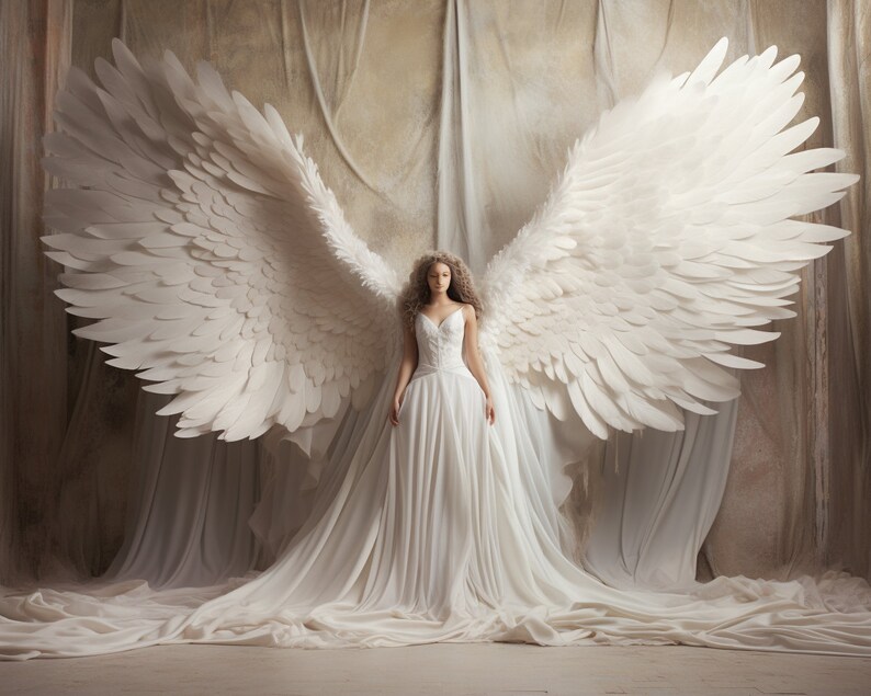 Puede incluir: Una mujer con un vestido blanco y grandes alas blancas de plumas detr&aacute;s de ella. Las alas est&aacute;n extendidas y la mujer est&aacute; de pie frente a un fondo texturizado.
