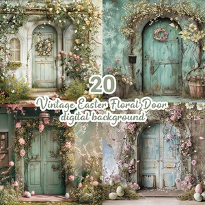 May include: A set of 20 digital backgrounds featuring vintage doors adorned with spring flowers and greenery. The doors are painted in a light blue color and have a distressed, rustic look. The backgrounds are perfect for creating Easter-themed digital designs.